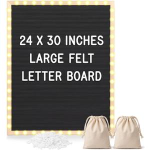 24 x 30 Inches Felt Letter Board & LED Light, Black, Natural Wood