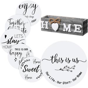 Queekay Housewarming Gifts New Home 1 Farmhouse Trivet for Hot Dishes and 5 Wooden Coasters Round Wood Hot Pads Set with Holder for Home Christmas Decoration 7" and 4"(Gray, White)