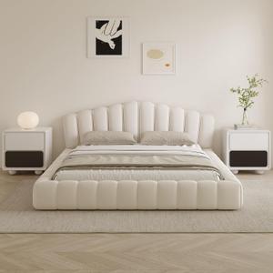 Merax Queen Size Floor Platform Bed Frame,Velvet Upholstered Bedframe with Shell-Shaped Headboard and Cushioning All Around Guards for Bedroom, No Box Spring Needed, Beige