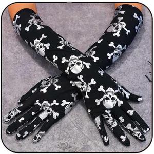 Latious Skull Long Finger Satin Gloves Black Skull Elbow Length Gloves Halloween Cosplay Costume Accessories for Women