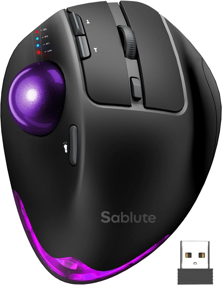 Wireless Trackball Mouse, Ergonomic Bluetooth Rechargeable Computer Mouse, Backlit Rollerball Thumb Laptop mice with 5 Level DPI, Adjustable Angle, 3 Devices Connection for PC, Windows - Purple Ball