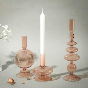 Rtteri 3 Pcs Glass Candlestick Holders Glass Candle Holders Groovy Wavy Elegant Taper Candle Stick for Wedding Home Birthday Party Easter St Patricks Day Decoration Windowsill Decor(Light Brown)