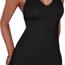 BEAGIMEG Women's Sexy Bodycon A-line Halter Deep V Backless Club Party Mini Dress (Medium)