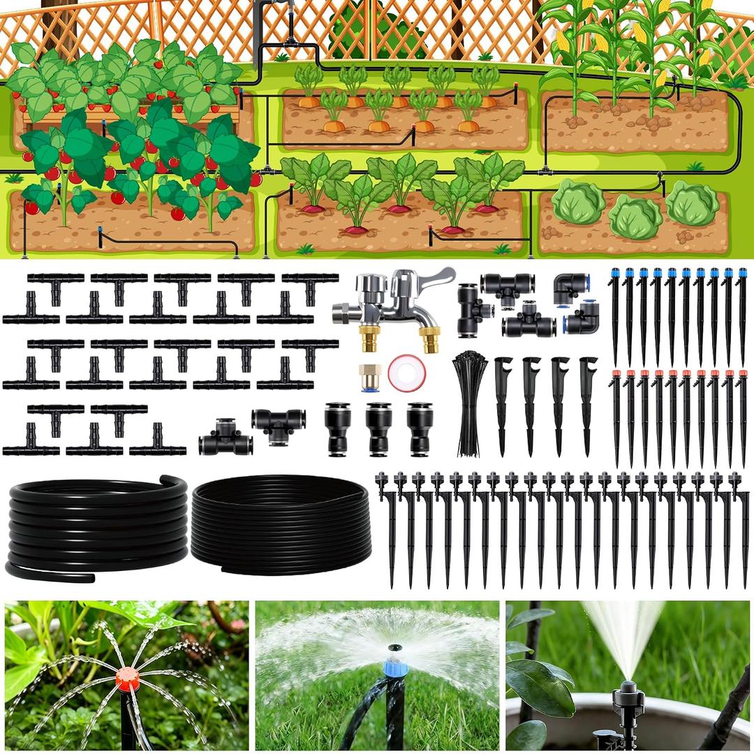 Drip Irrigation System for Garden, 180FT Tubing | Auto watering system with 1/2" & 1/3" tubing, dual faucet, adjustable nozzle emitters. For greenhouse, lawn, potted plants