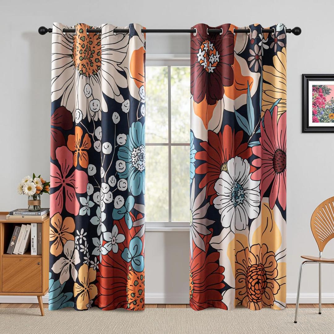 MYSKY HOME Boho Floral Blackout Curtains 84 inch Long for Living Room Thermal Insulated Privacy Protect Noise Reduction Black Out Flower Pattern Grommet Drapes for Dining Room Bedroom, 2 Pcs, 52" Wide