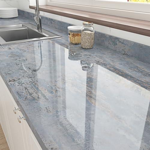 WESTICK Blue Grey Glossy Contact Paper for Countertops Kitchen Peel and Stick Countertops Wallpaper Self Adhesive Waterproof Marble Vinyl Wrap for Tables Desk Cabinets Camper Walls 15.8" x 78" Pack of 3