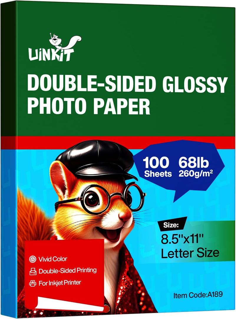 Uinkit Thick Photo Paper Glossy Double Sided 100 Sheets 8.5x11 Heavyweight 68lb 260gsm Inkjet Both Sides Printable 11.8mil A4 Letter size Flyer Bulk Pack 8.5 x 11 Card paper postcard postal A189 (100)