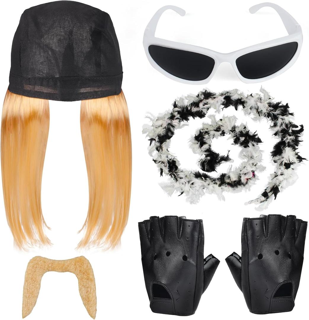 Kyson Wrestler Costume Accessories Set 5 Pcs Wig with Bandana Boa Sunglasses Gloves Fake Beard Halloween Wrestling Party