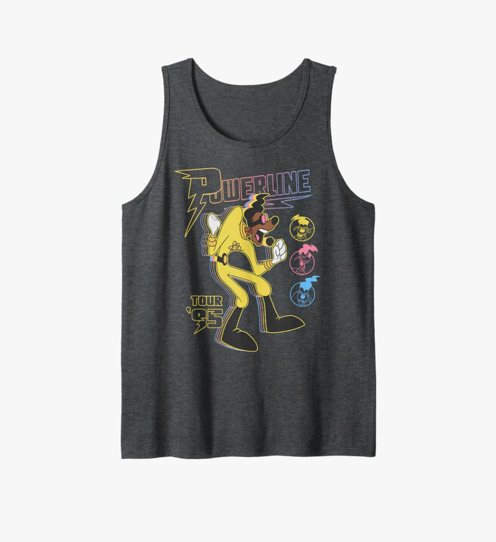 Disney A Goofy Movie Powerline Tour '95 Retro Neon Poster Tank Top Size XL, Dark Heather Grey