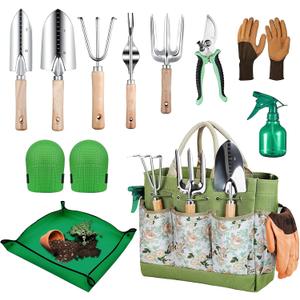 Gardening Tools 11 Pack Heavy Duty for Women with Gardening Knee Pads and Repotting Mat, Gardening Hand Tools with Floral Tote Bag, Durable Garden Supplies Kit, Ideal Gifts for Men Gardeners