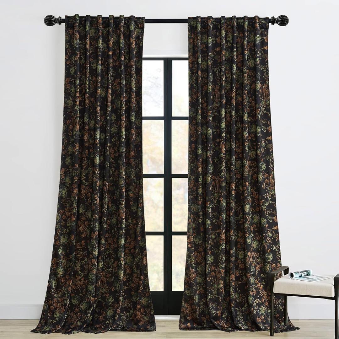 StangH Black Velvet Curtains 96 inches Long, Luxury Back Tab Print Vintage Blooming Floral Pattern Drapes for Living Room Privacy Thick Panels for Patio Sliding Door, 52 x 96-inch, 2 Panels