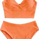 ZAFUL Women Tankini Set, Ribbed High Cut Surplice Swimsuit Bathing Suit with Spaghetti Straps (Orange-Surplice, XL)