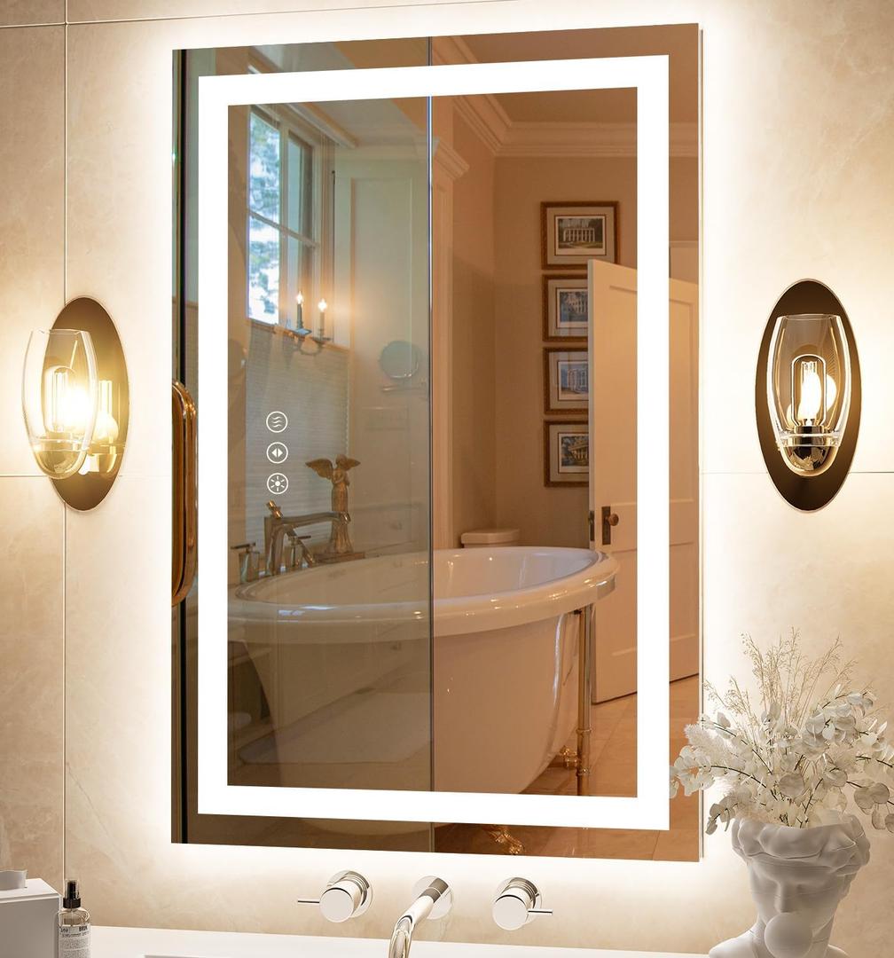 SYATO 24x36 LED Bathroom Mirror, Front and Backlight Vanity Mirror with Lights for Bathroom, Dimmable, Anti-Fog, Shatter Proof, 3 Colors, Memory Smart Mirror, Wall-Mounted Vanity Mirrors