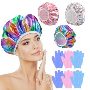 Shower Cap Reusable Waterproof 3PC with Exfoliating Bath Glove 3 Pairs, Large Shower Caps for Women Satin Lined Long Hair Locs Curly All Hair (Printing Multicolor 1)