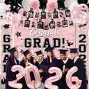2026 Graduation Decorations, Pink Themed Class of 2026 Decorations Set, Congrats Grad Backdrop, Photo Banner, Door Banner, Balloons and Pom Poms Supplies for High School College Graduation Party
