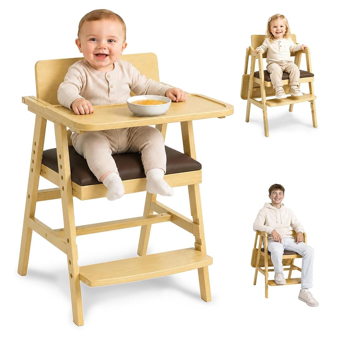 3-in-1 Wooden High Chair for Baby & Toddler with Adjustable Tray, Natural | Ergonomic Design, Built-in Foot Steps, Easy to Clean, for Home & Restaurant Use, Natural Wood Finish, Grows with Child