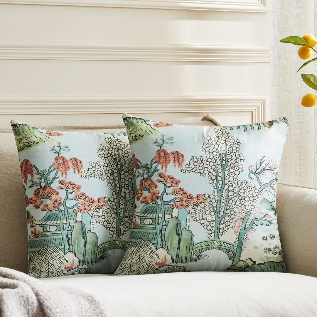 Pack of 2, Chinoiserie Pillow Cover 18 x 18 Inch Asian Scenic Blue and Pink Throw Pillow Covers Linen Farmhouse Tree Leaves Pillow Case Cushion Covers for Sofa Couch Living Room