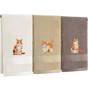 Hillsuren 3 Pcs Orange Cat Hand Towels Bathroom Sets Decor Cute Orange Cat Lover Gifts Funny Decorative Farmhouse 100% Cotton Embroidered Towels for Women Bathroom Kitchen 13. 3 x 29. 5''