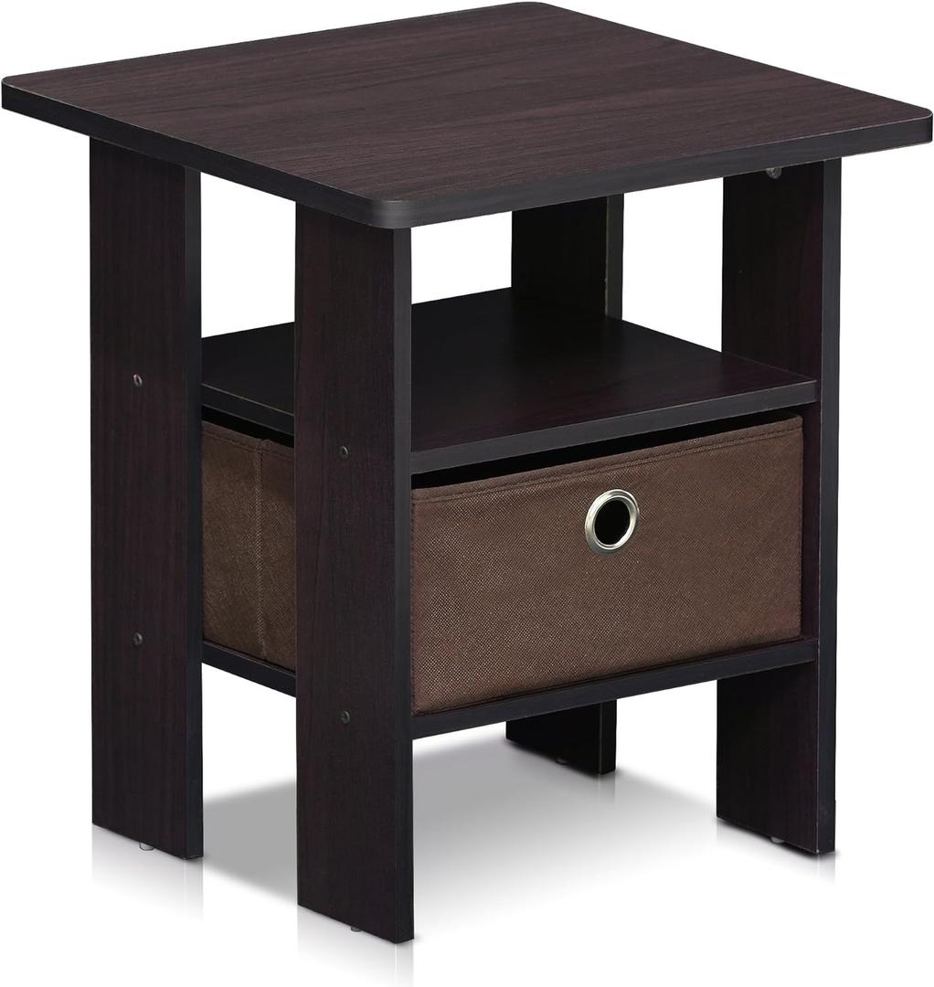 Furinno ANDREY Side Table, End Table, Night Stand with Open Shelves and Storage Bin, Bedside Table, for Living Room, Bedroom, Dark Walnut, 1-Pack, Center Bin