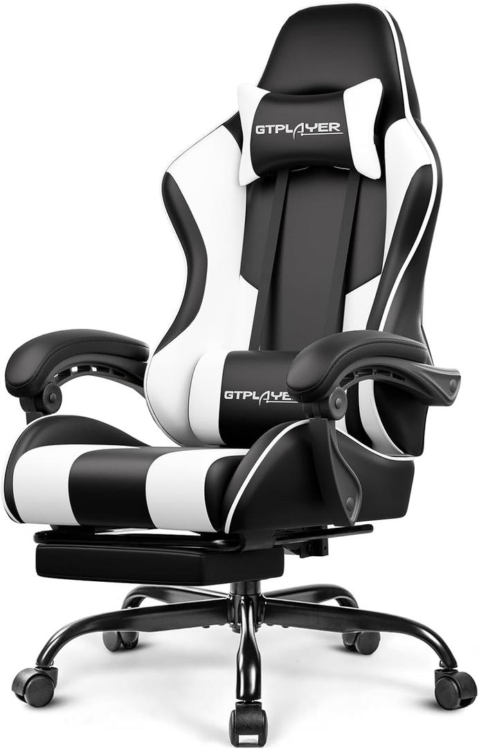 GTPLAYER Gaming Chair, Computer Chair with Footrest and Lumbar Support, Height Adjustable Game Chair with 360-Swivel Seat and Headrest and for Office or Gaming (Pearl White) 