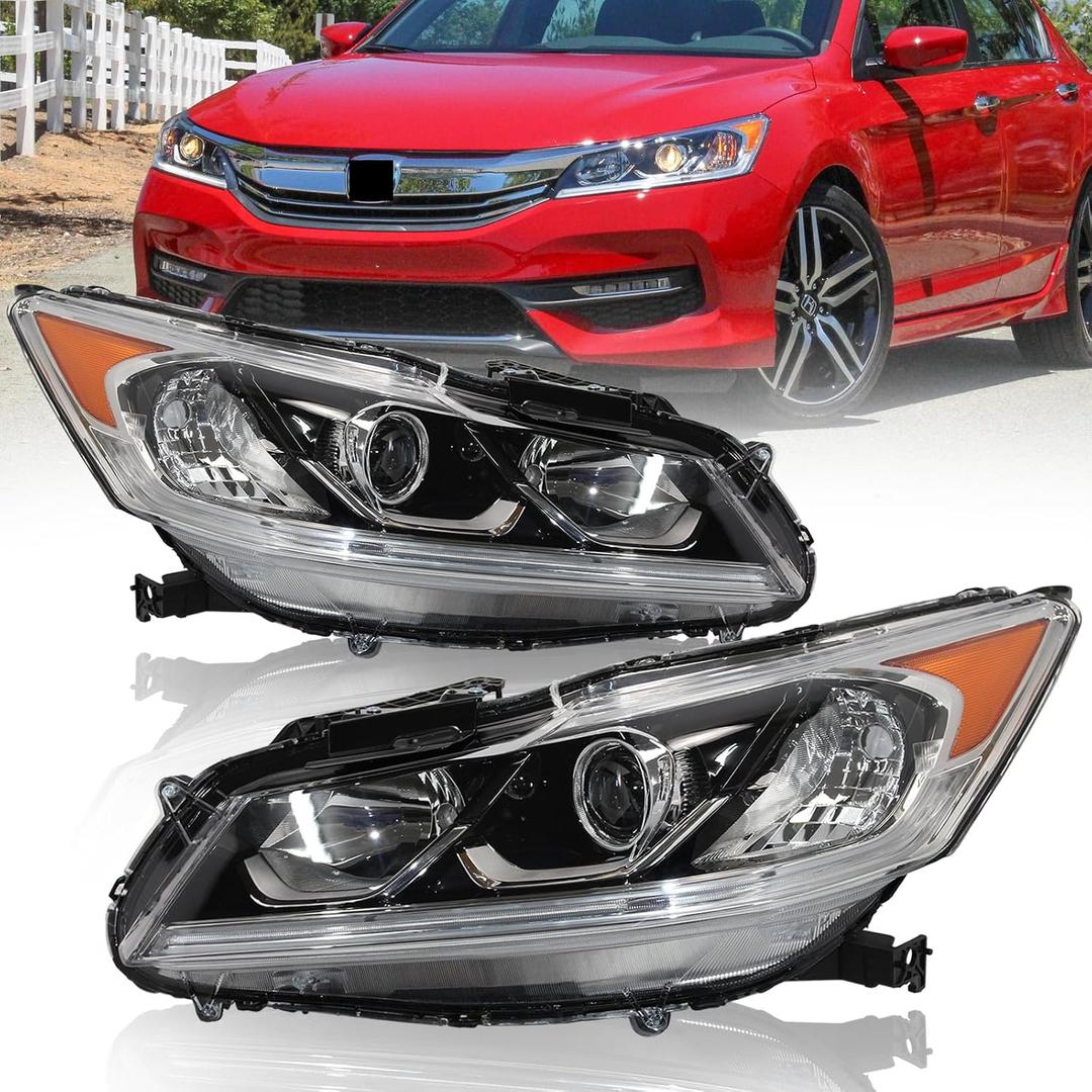 Projector Headlight Assembly w/LED DRL Fit for 2016 2017 Honda Accord EX/EX‑L/Sport,Halogen Headlamp OE Style Chrome Housing Amber Reflector Replacement Driver & Passenger Side
