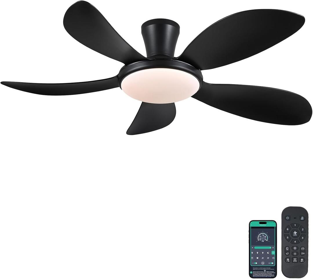 PHORUS 48" Low Profile Ceiling Fan With Lights and Remote/APP, Black With Quiet Reversible DC Motor, Dimmable 3 Colors 6 Speeds, Modern Flush Mount for Bedroom Kitchen