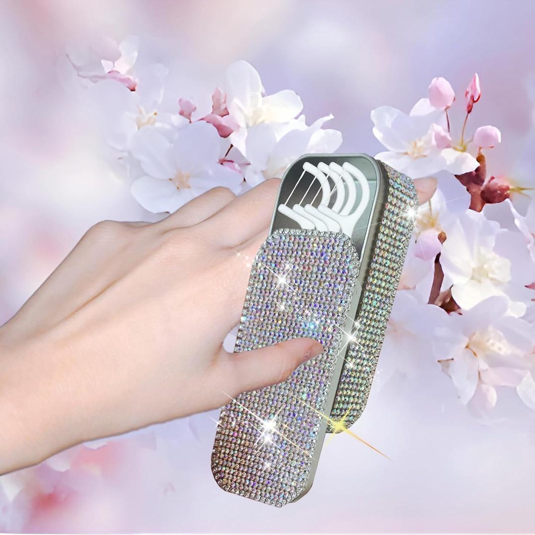 Portable Bling Diamond Case with Floss Picks Dental Floss Inside - Versatile as a Travel Pill Case for Hotels, Cruises and Travel
