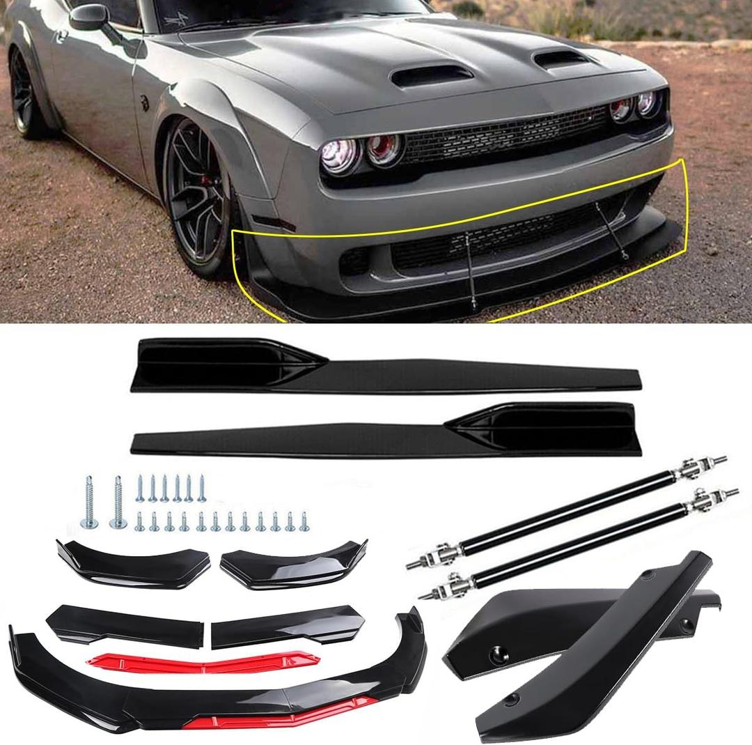 Front Bumper Lip Splitter Spoiler + Strut Rods Bright Glossy Black+Red Polyurethane Fit for Do-dge Challenger SRT SXT RT (Glossy Black spoilder Lip)