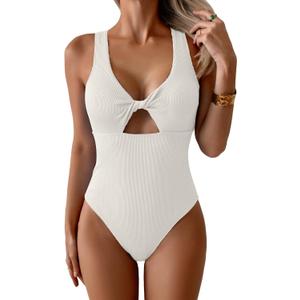 Aidonger Women's Swimsuit Ribbed Tummy Control One Piece Bathing Suit Twist V Neck Swimwear Metal Buckle Backless Swim Suit (White, S)