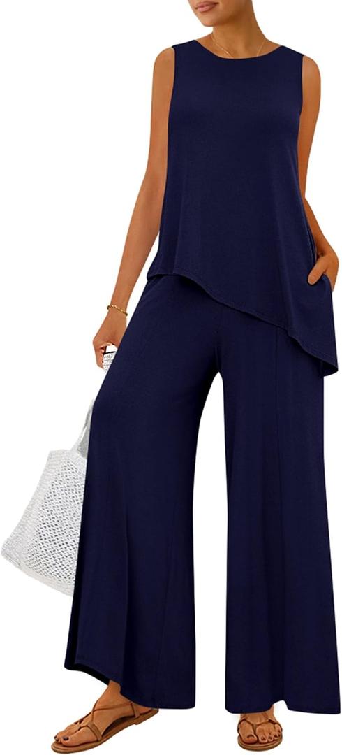 PRETTYGARDEN Women's 2026 Two Piece Matching Lounge Sets Asymmetrical Split Tank Tops Wide Leg Pants Summer Outfits Tracksuit L