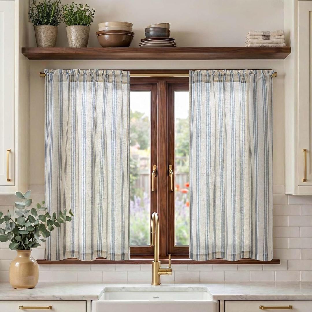 jinchan Striped Linen Kitchen Curtains 45 Inch Cafe Tier Curtains Balanced Stripe Farmhouse Small Drapes for Bathroom Laundry Over Sink Half Window Light Filtering 2 Panels Blue on Linen