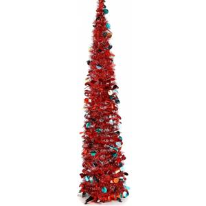 Aoriher 5 ft Pre-lit Pop up Red Christmas Tinsel Tree Decor Reusable Collapsible Artificial Sequins Slim Pencil Tree with Colorful String Lights for Holiday Party Home Indoor Outdoor