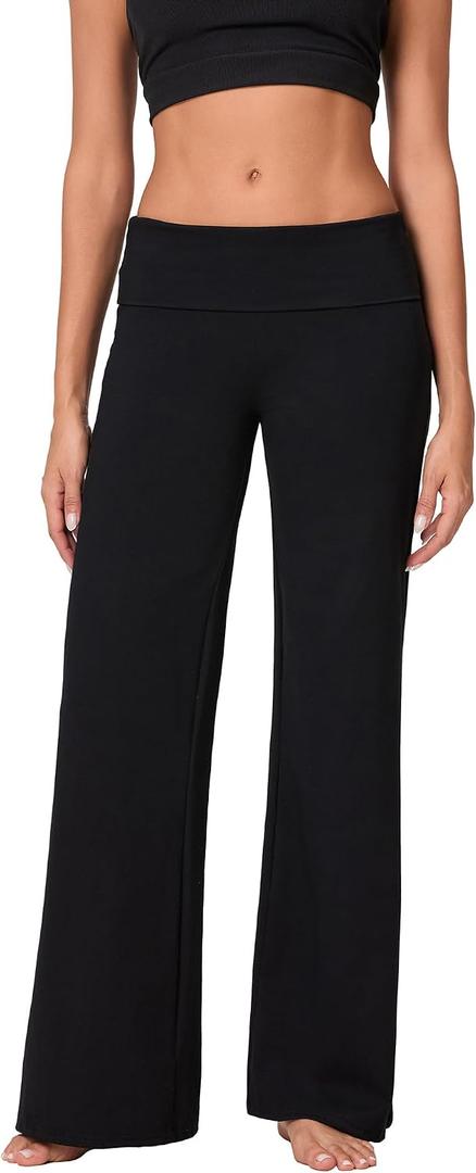 QTLUOYE Women's Fold Over Leggings Workout Flare Skinny Pants Low Rise Straight Leg Lounge Sweatpants (A-Black, M)