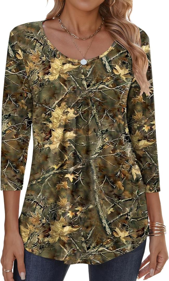 Zeagoo 3/4 Sleeve Tops for Women Crew Neck Blouses Pleated Casual Shirts Fall Work Clothes 2025 (Large)