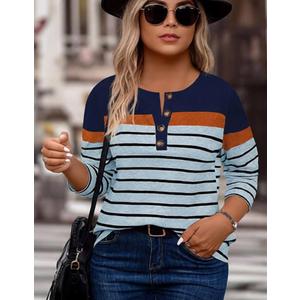 Women's Striped Button Down Shirts Long Sleeve Slim Fit Collared Blouse Tops, 3XL