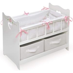 Badger Basket Wooden Doll Bed with Bed Liner, Pillows and Two Storage Baskets - Fits 18" Dolls - Ideal for Pretend Play and Baby Doll Fun - White/Rose Design with Free Personalization Kit, 20