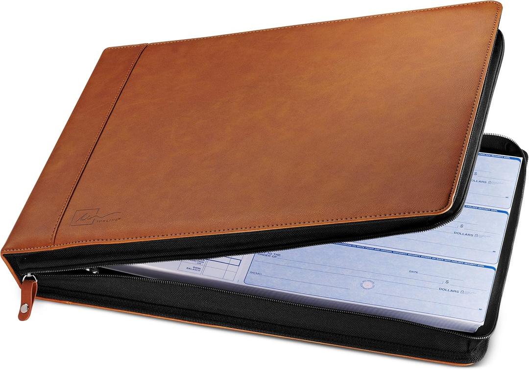 Inkline 7 Ring Check Binder Portfolio -Professional PU Leather Binder with Zippered Closure -500 Check Capacity -9x13 Inch Sheets -Document & Card Organizer - Large Tablet Pocket - Brown (80016)