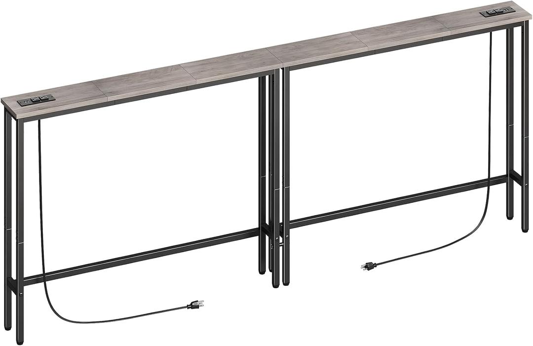 ELYKEN 2 Pack 5.9" Narrow Console Sofa Table with Power Outlets, Total 78.8 Long Behind Couch Table with Charge Station and 5.9 Extension Cord for Living Room, 5.9" D x 78.8W x 29.5H, Gray