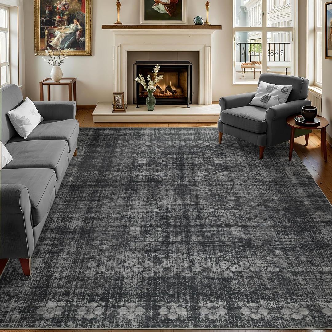 8x10 Vintage Washable Area Rug for Living Room,Low Pile Non Slip Carpet Non-Shedding Large Area Rug Soft Indoor Stain Resistant Rug Floral Print Mat for Bedroom Dining Room Dark Black