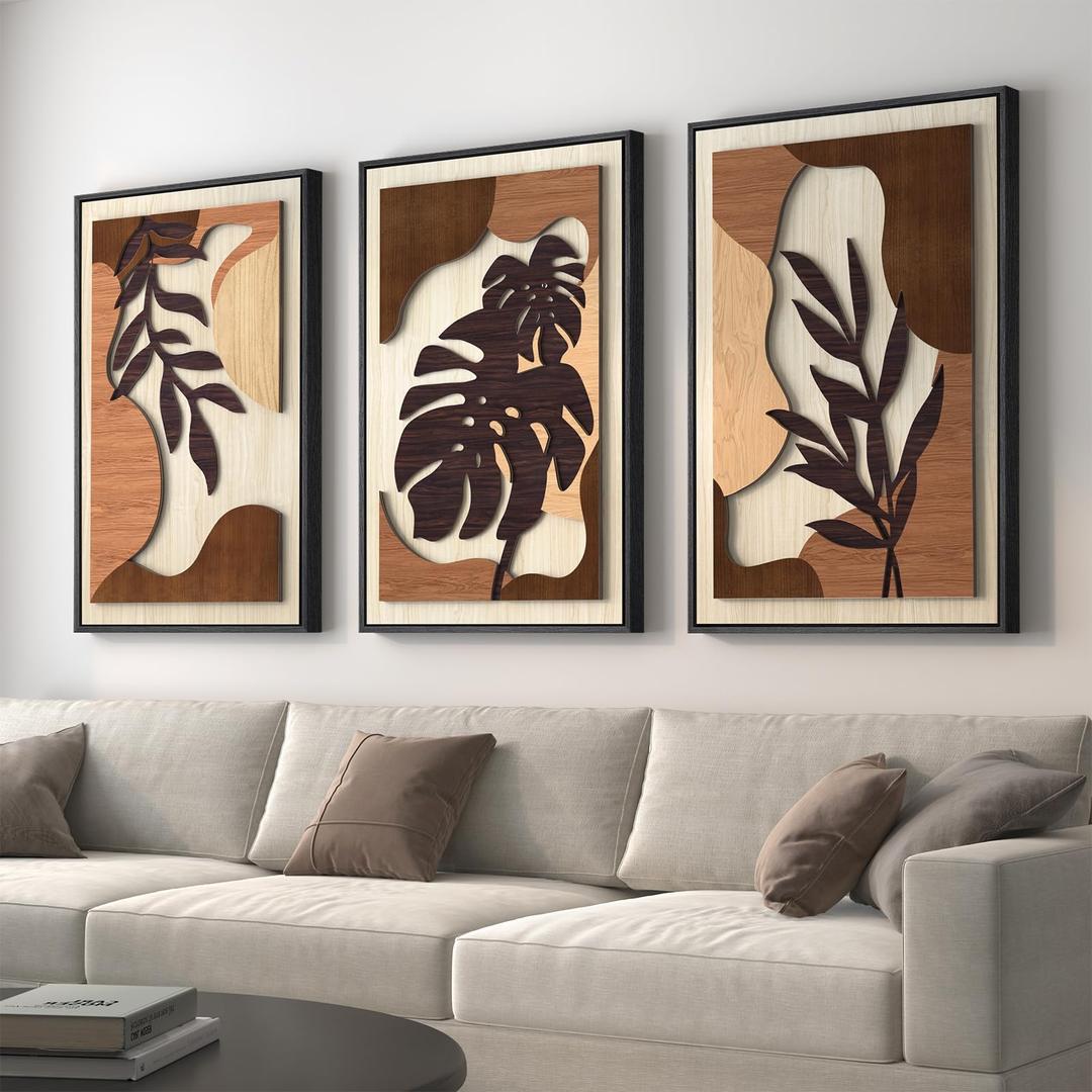 Framed Textured Wood 3D Wall Art for Living Room, Large Boho Tropical Brown Artwork for Walls, 3 Piece Farmhouse Botanical Leaf Wood 3D Textured Wall Art Decor for Office Bedroom Hallway, 24x36 Inch