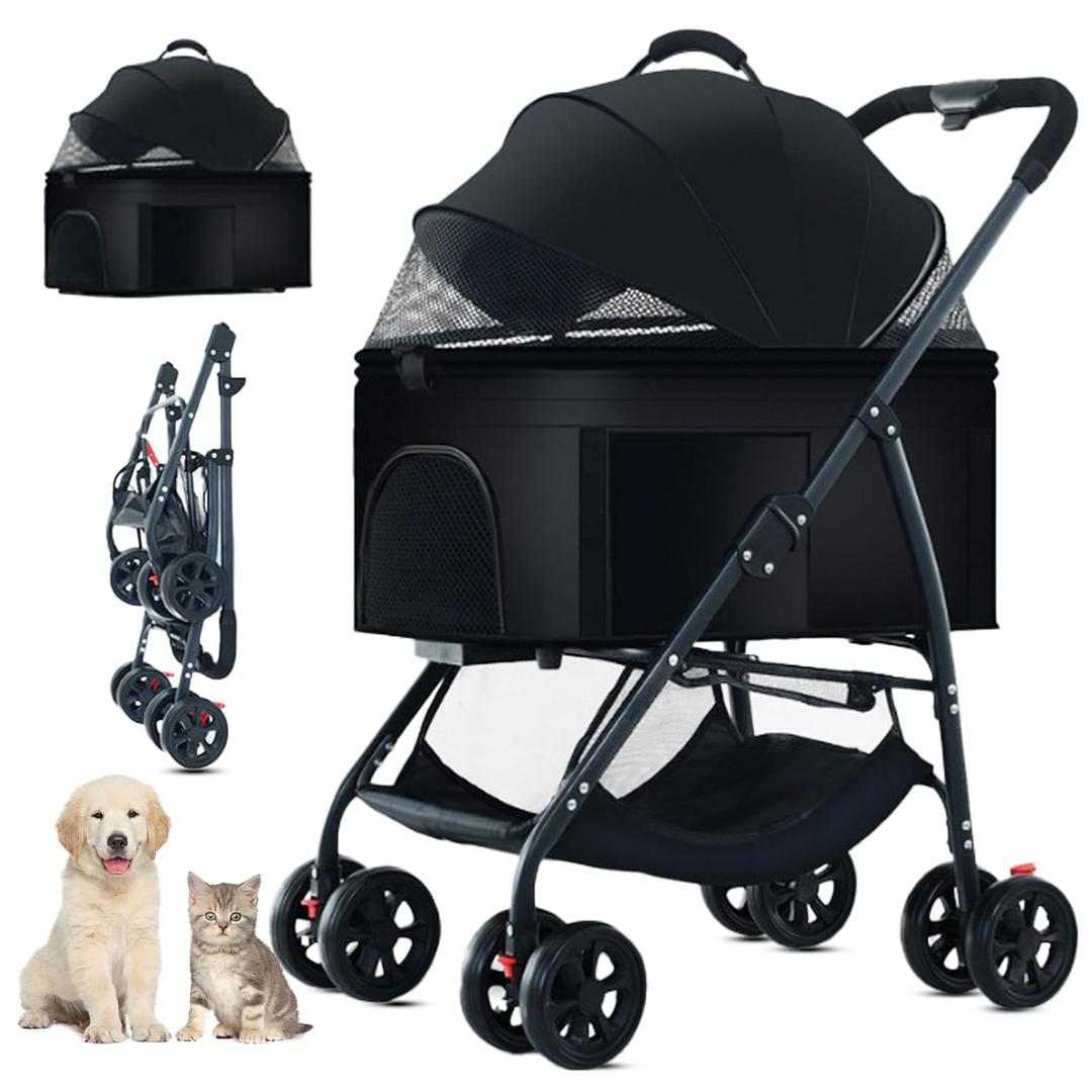 3-in-1 Pet Dog Stroller, Dog Wagon with Removable Carrier, Cat Stroller for Medium Dogs Up to 55lbs (Black)