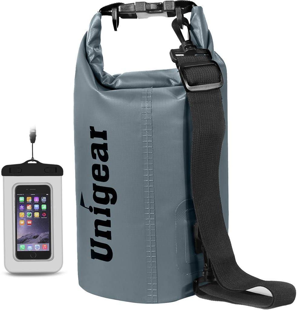 Unigear Dry Bag Waterproof, 2L/5L/10L/20L/30L/40L Floating and Lightweight Bags for Kayaking, Boating, Fishing, Swimming and Camping with Waterproof Phone Case (Gray)