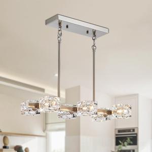 Rectangular Kitchen Island Light Fixture Chandeliers for Dining Room, Brushed Nickel Modern 6-Light with Glass Lampshade Sputnik Chandeliers for Living Room