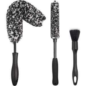 NIKCOSMK 3PCS Wheel Brush Kit for Cleaning Wheel and Tire, Wheel and Rim Brush, Car Detailing Brushes, Bendable & Durable Car Wheel Rim Cleaner Brush Set,Car Detailing Cleaning Brush Supplies Kit (Black)