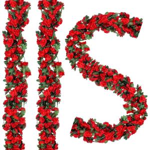 BSMYBO 5Pcs 41FT Artificial Red Flower Garland, Fake Hanging Flower Vines Wine Red Rose with Green Leaves, Faux Silk Flower for Backdrop Decoration Tea Party Wedding Birthday Anniversary Bedroom