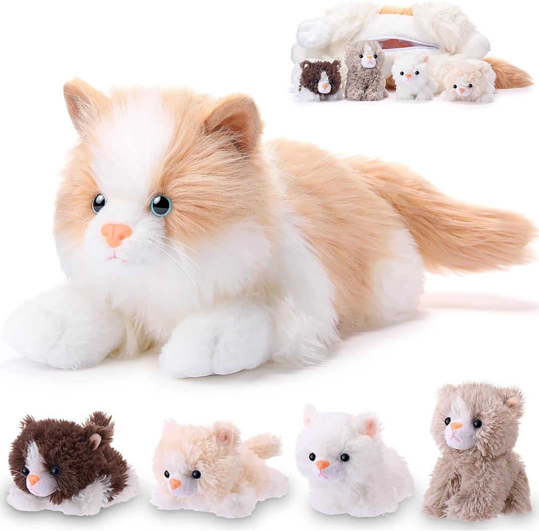 HyDren 5 Pcs Realistic Ragdoll Cat Stuffed Animal, 17.75 Inches Large Ragdoll Cat Mommy Plush with 4 Cute Babies Soft Plush Kittens Set for Girls Boys Birthday Party Favors(Light Brown)
