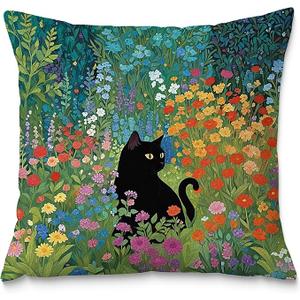 Fuasei Floral Black Cat Pillow Covers 18x18, Cats Lovers Lady Gifts, Cat Mom Grandma Gifts, Cats in Colorful Wildflower Decorative Pillow Covers for Home Bedroom Living Room Office Decor