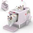 Stainless Steel Cat Litter Box with Lid, 180 Flip Top Kitty Litterbox, XL High Sided Enclosure Litter Pan for Big Cats, Front & Top Entry, Anti-Leakage, Odor-Free, Includes Scoop Mat, Purple Pink