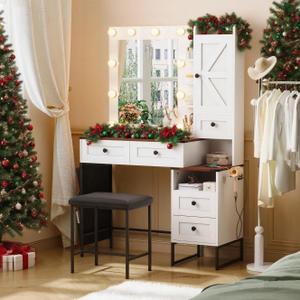 YIKEHOME Farmhouse 42'' Makeup Vanity Desk Set with Mirror, Vanity Table 3-Colour Lights with 5 Drawers & Shelves for Bedroom Dressing Room Brown