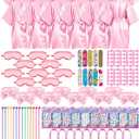Xuhal 92 Pcs Spa Party Supplies Slumber Party Spa Pretend Play Set with Satin Robes, Headbands and Eye Masks, Sleepover Kit with Gift Bags, Total 10 Sets(Pink,14)